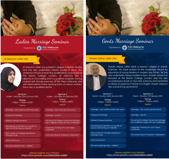 Marriage Seminars for Ladies and Gents – January / February 2021